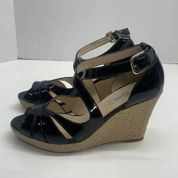Lk Bennet Maggie Sandal Wedge Espadrilles Patent Leather Heels Black 39.5 US 9 - Picture 7 of 11
